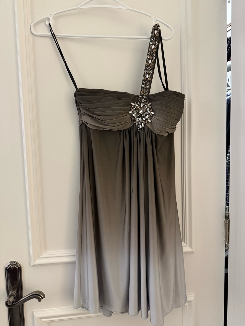 Xscape Taupe Ombre One-Shoulder Cocktail Dress with Crystal Strap